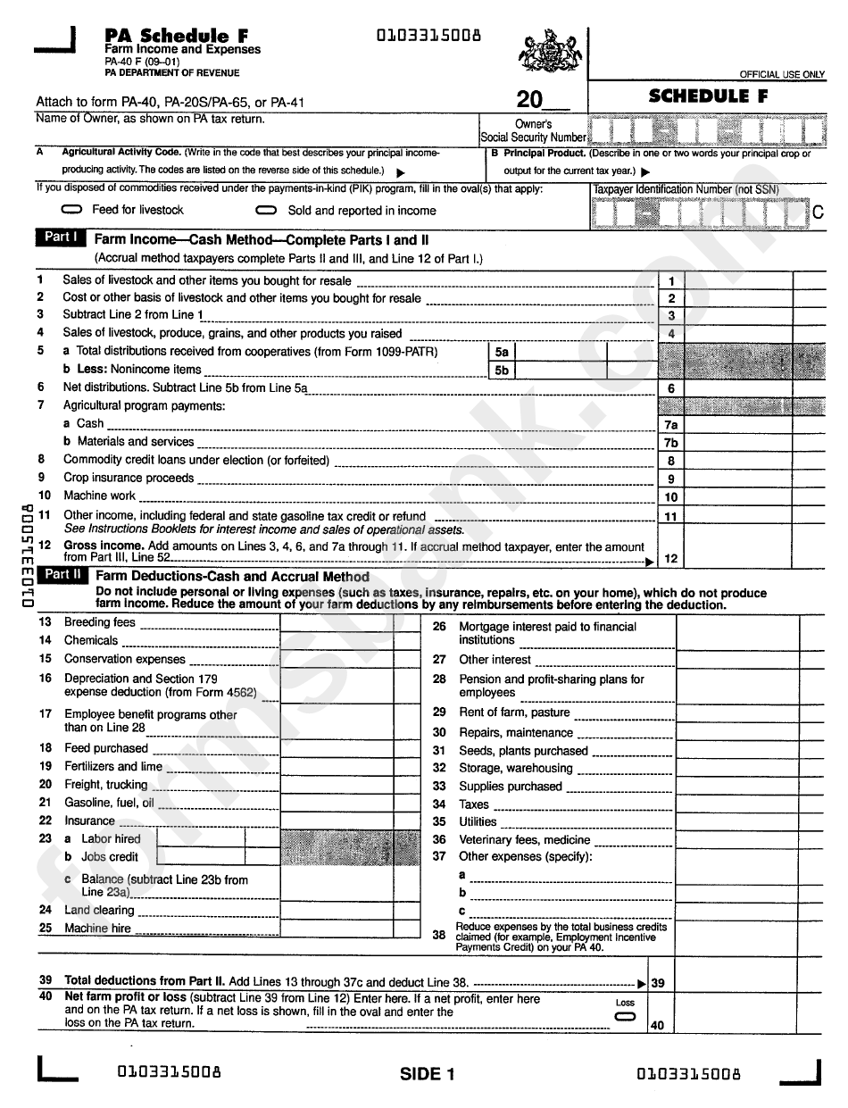 Form Pa 40f Schedule F Farm Income And Expenses Printable Pdf Download