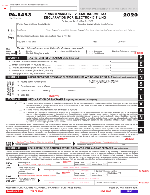 Form PA 8453 Download Fillable PDF Or Fill Online Pennsylvania 