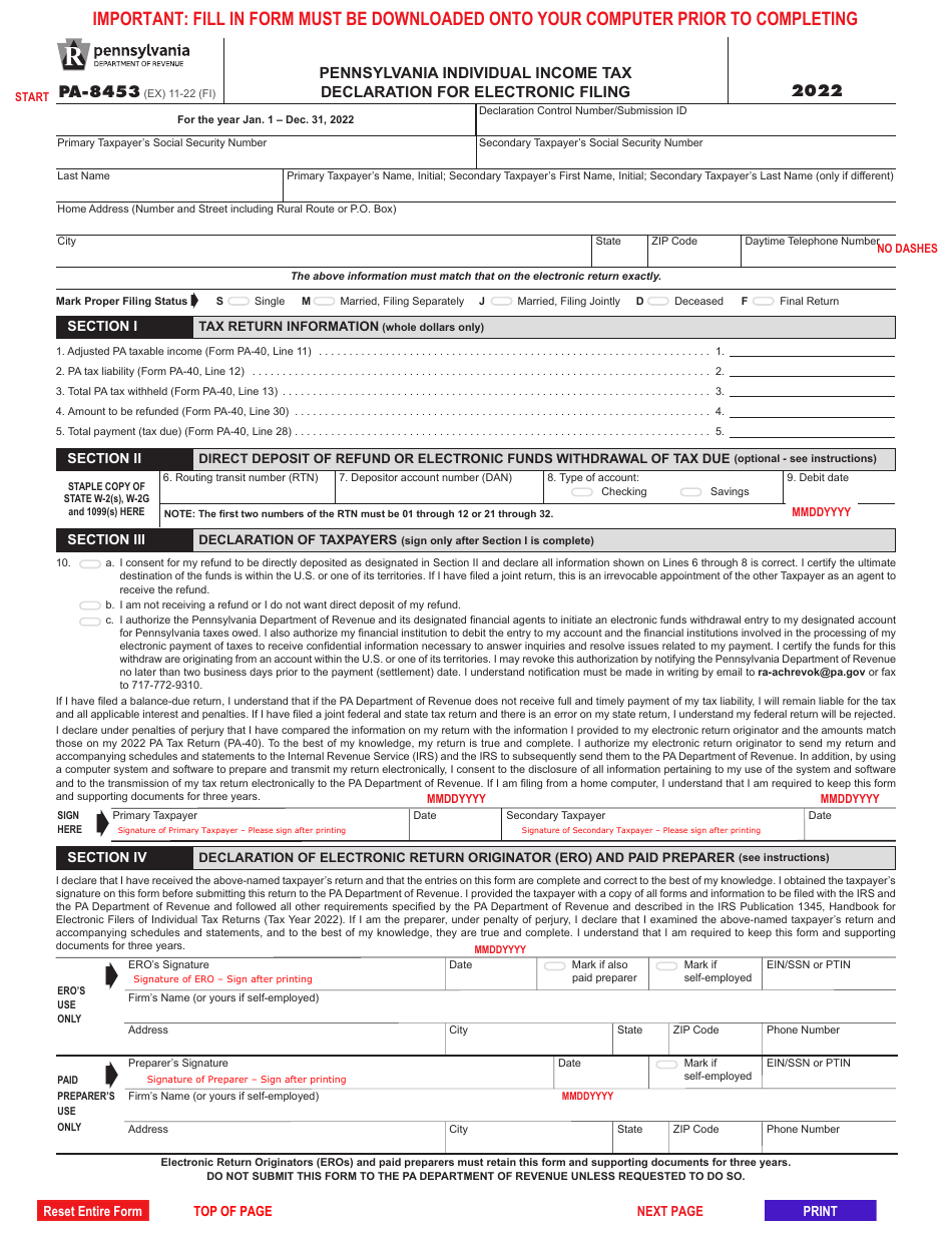 Form PA 8453 Download Fillable PDF Or Fill Online Pennsylvania