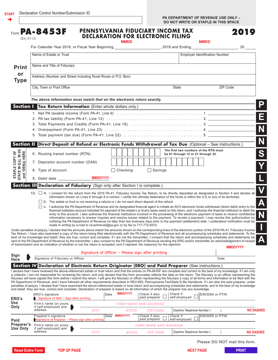 Form PA 8453F Download Fillable PDF Or Fill Online Pennsylvania 