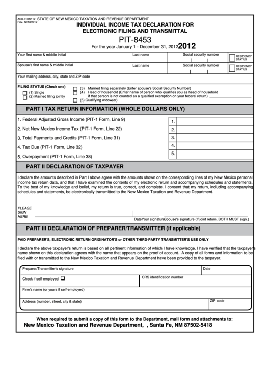 Form Pit 8453 Individual Income Tax Declaration For Electronic Filing