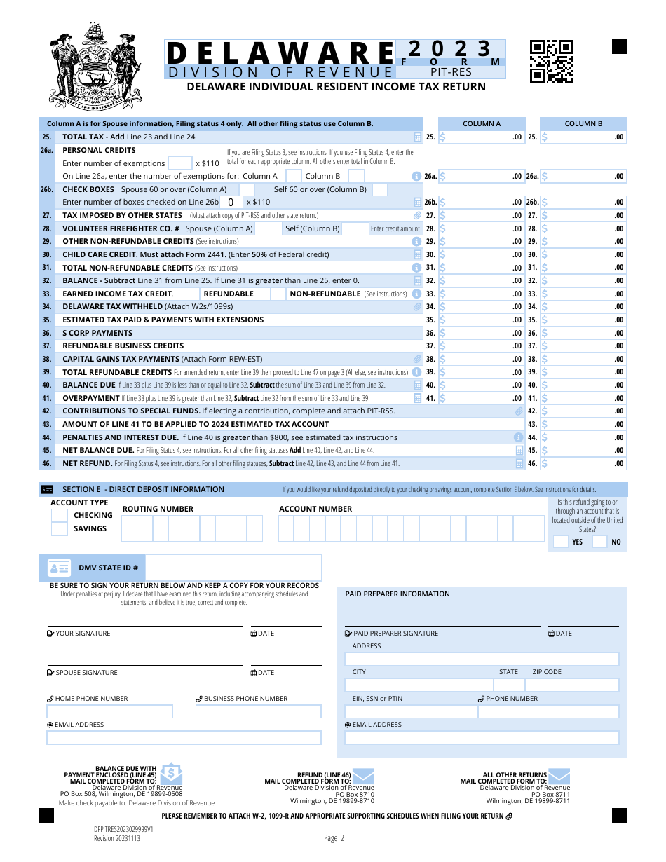 Form PIT RES Download Fillable PDF Or Fill Online Delaware Individual 