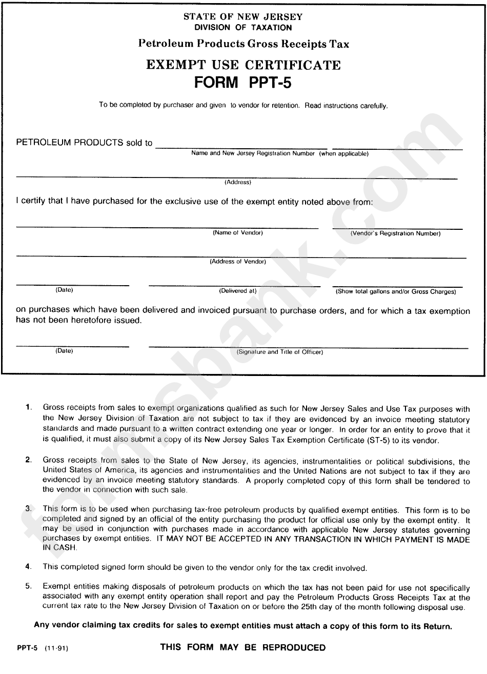 Form Ppt 5 Exempt Use Certificate New Jersey Division Of Taxation 