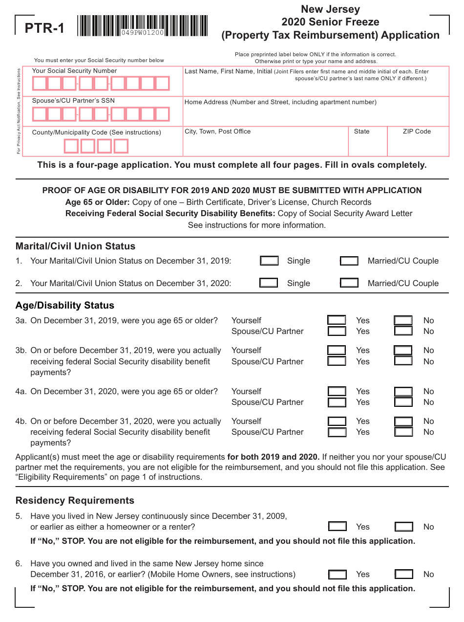 Form PTR 1 Download Fillable PDF Or Fill Online Senior Freeze Property