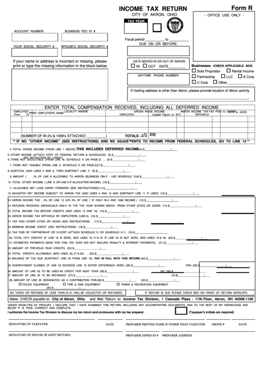 Form R Income Tax Return City Of Akron Ohio Printable Pdf Download