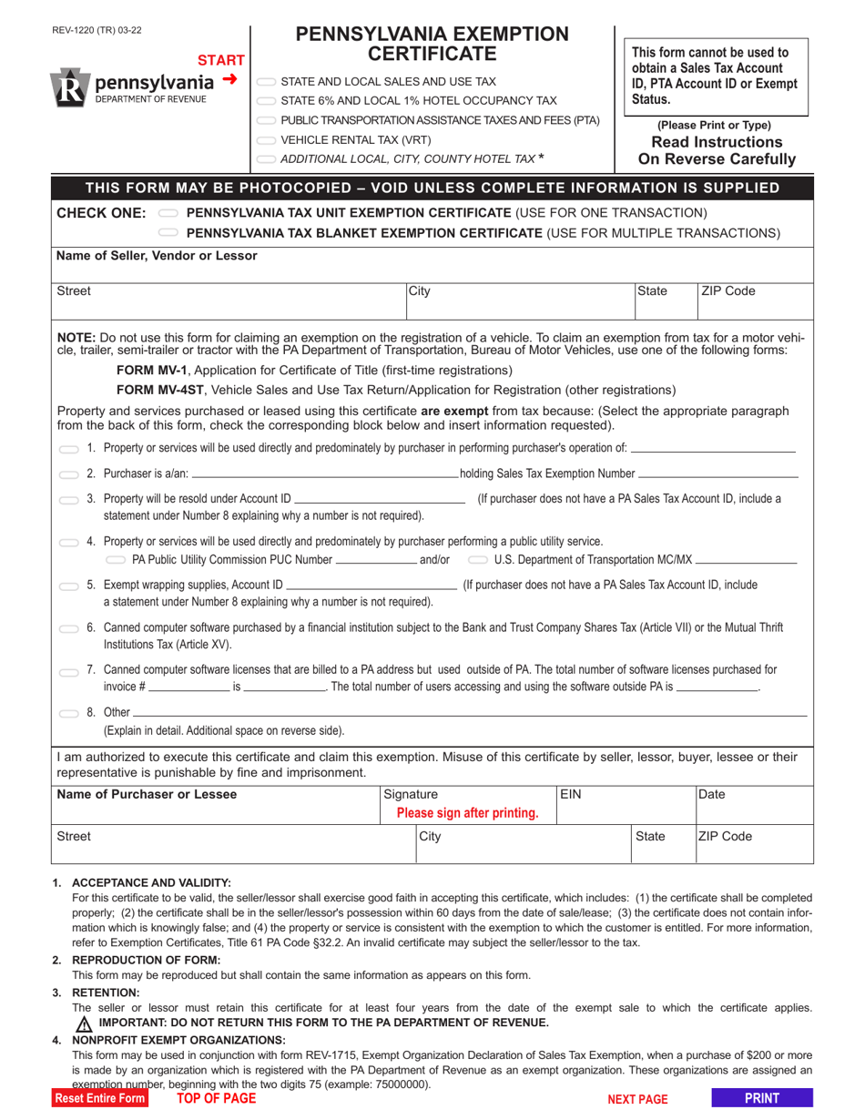 Form REV 1220 Download Fillable PDF Or Fill Online Pennsylvania 