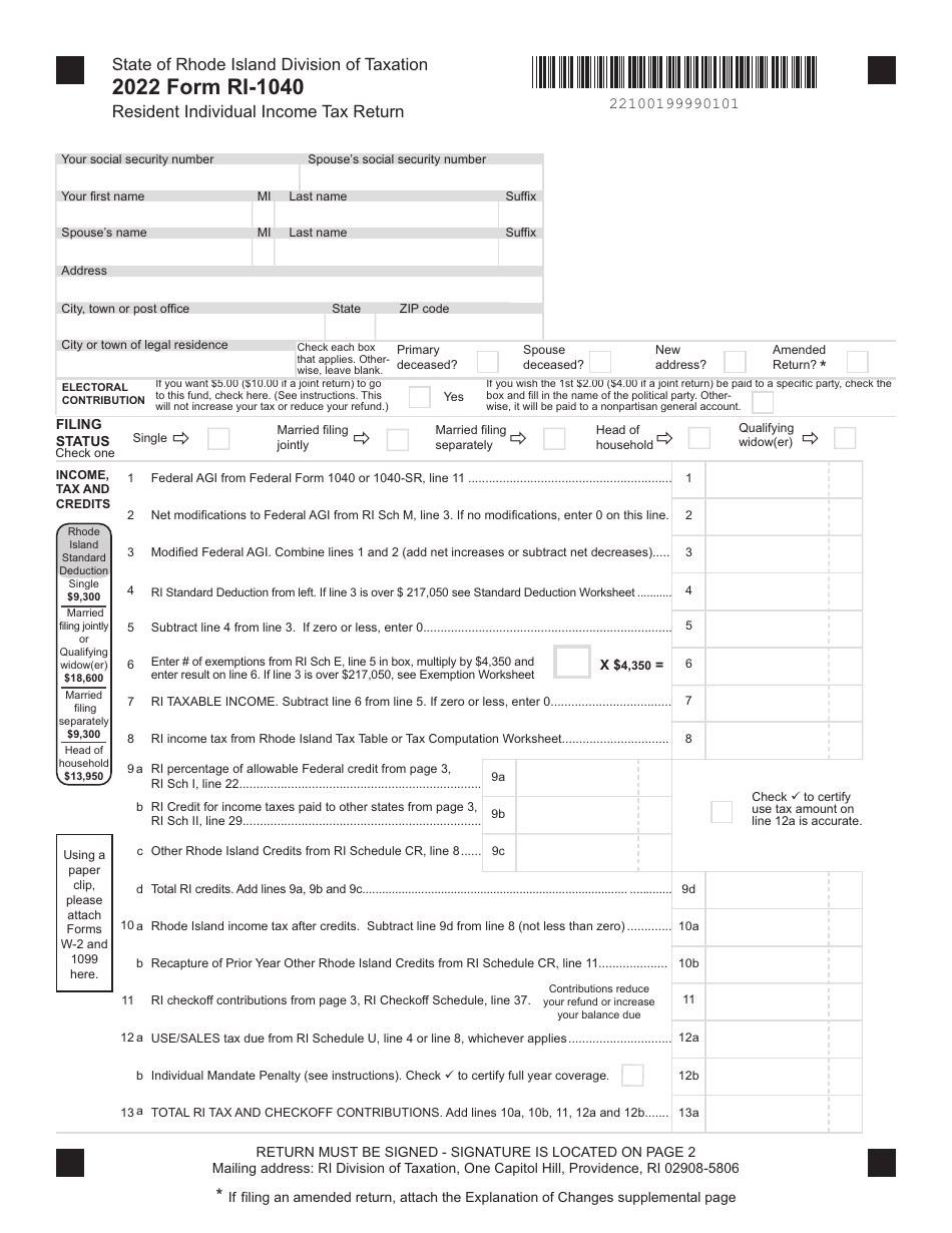 Form RI 1040 2022 Fill Out Sign Online And Download Fillable PDF 