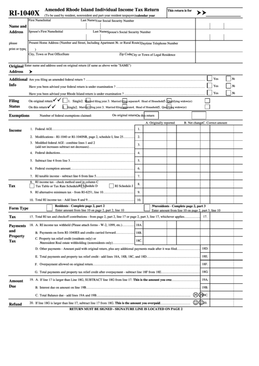 Form Ri 1040x Amended Rhode Island Individual Income Tax Return 