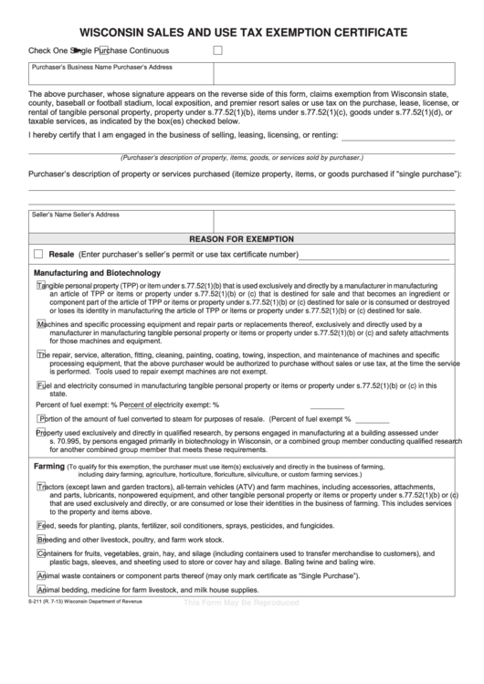 Form S 211 Wisconsin Sales And Use Tax Exemption Certificate Form S 211 Wisconsin Sales And Use Tax Exemption Certificate
