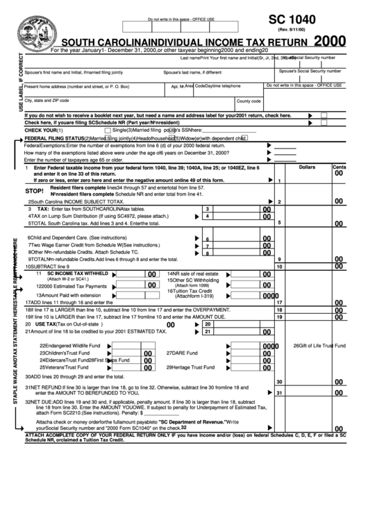Form Sc 1040 Individual Income Tax Return 2000 Printable Pdf Download