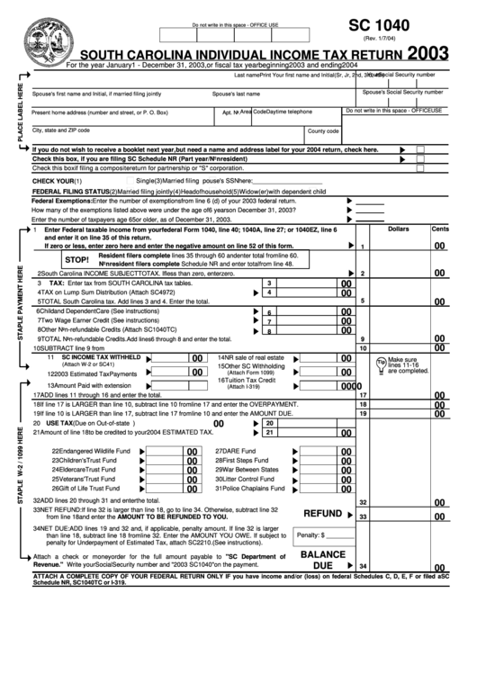 Form Sc 1040 South Carolina Individual Income Tax Return 2003 