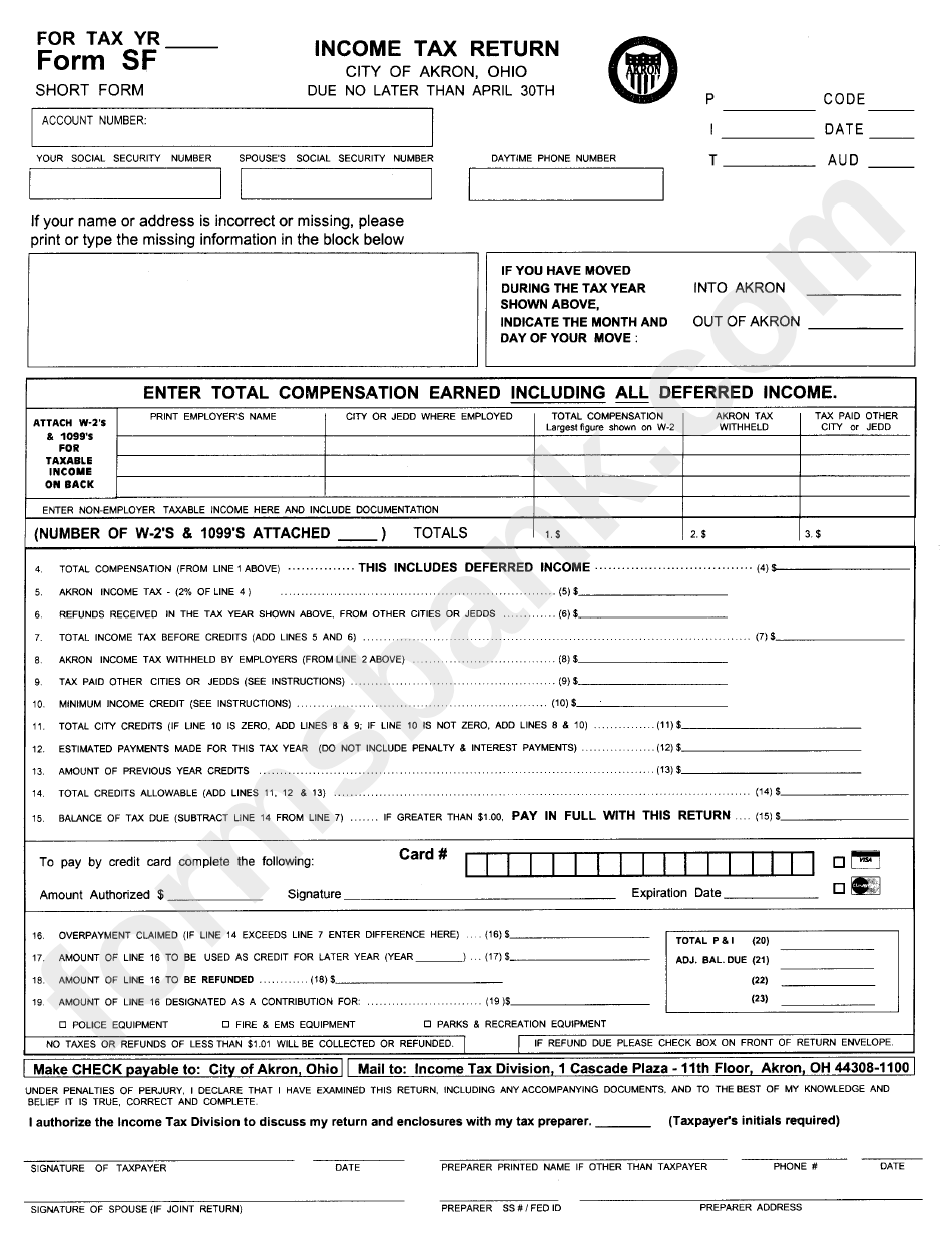 Form Sf Income Tax Return City Of Akron Ohio Printable Pdf Download