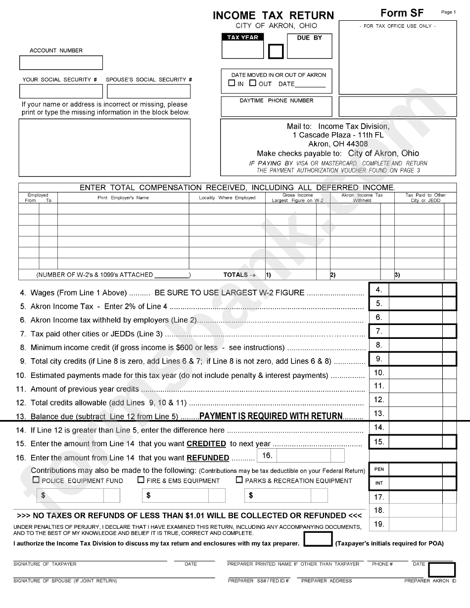 Form Sf Income Tax Return City Of Akron State Of Ohio Printable 