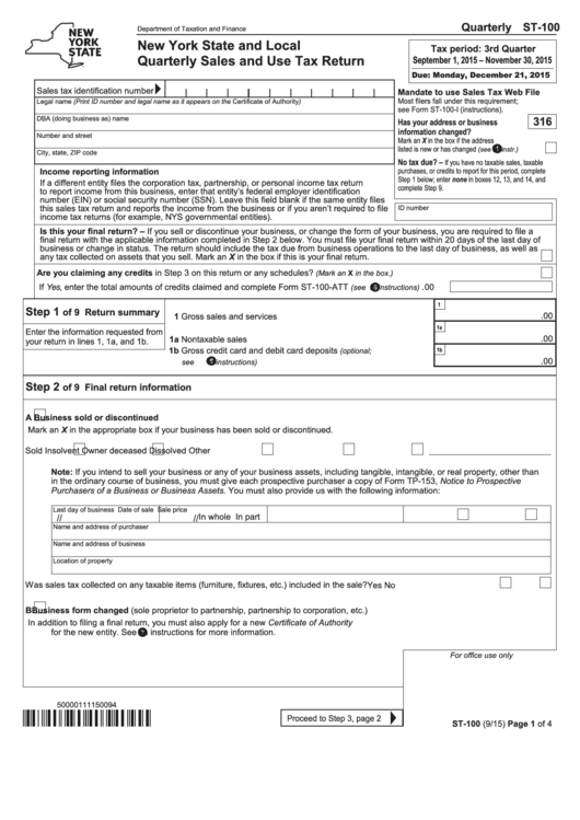 Form St 100 New York State And Local Quarterly Sales And Use Tax 