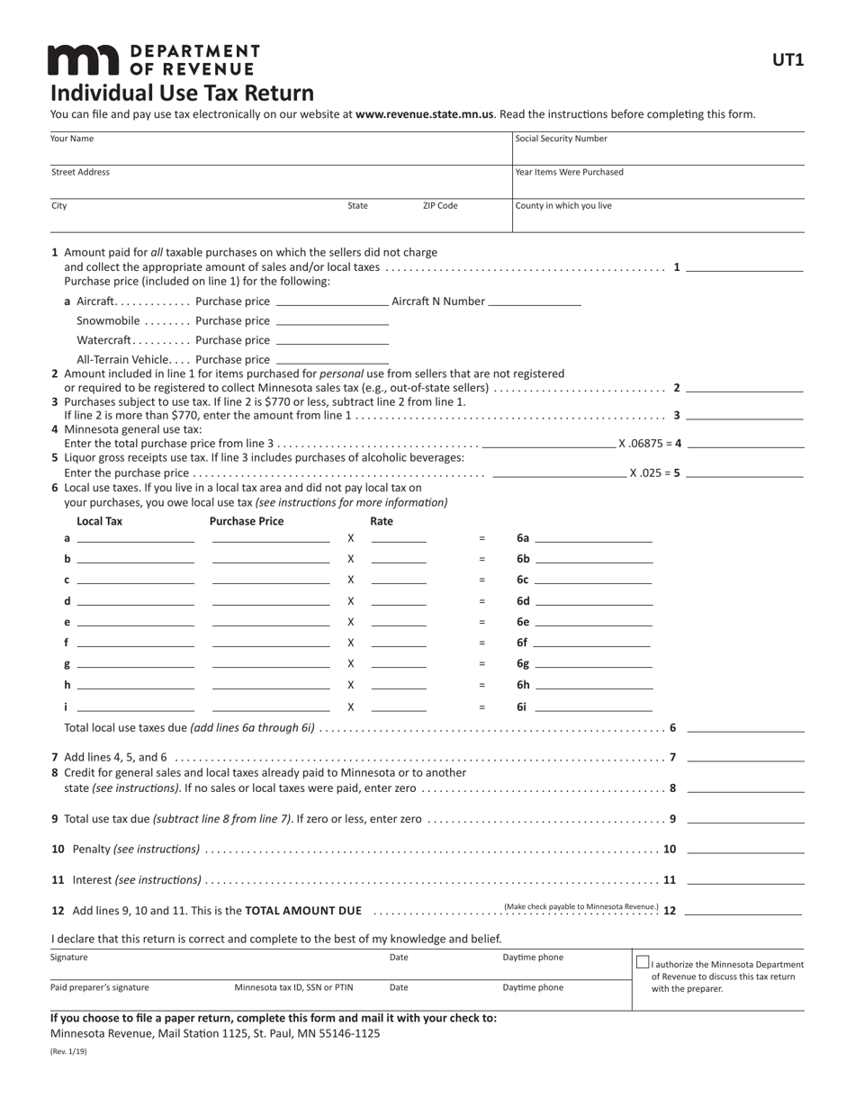 Form UT1 Download Fillable PDF Or Fill Online Individual Use Tax Return 