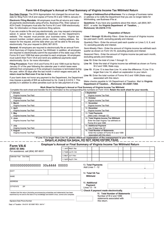 Form Va 6 Employer 39 S Annual Or Final Summary Of Virginia Income Tax 