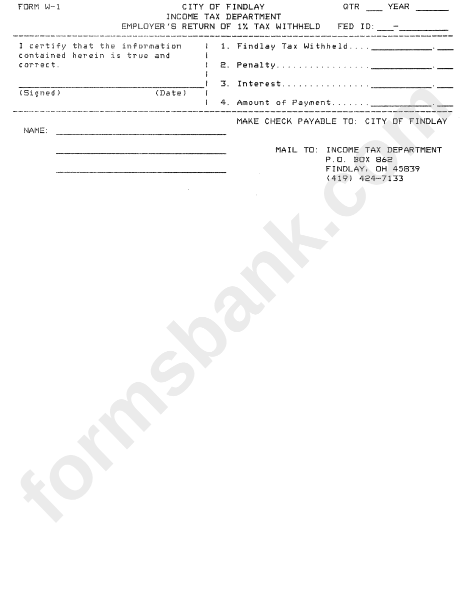 Form W 1 Employer 39 S Return Of 1 Percent Tax Withheld City Of 