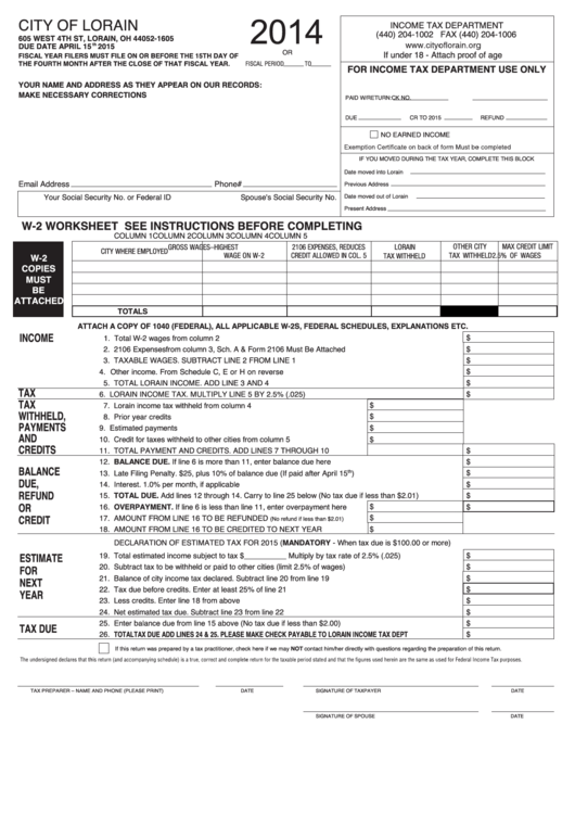 Form W 2 Income Tax Worksheet City Of Lorain 2014 Printable Pdf 