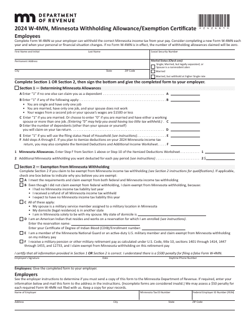 Form W 4MN Download Fillable PDF Or Fill Online Minnesota Employee