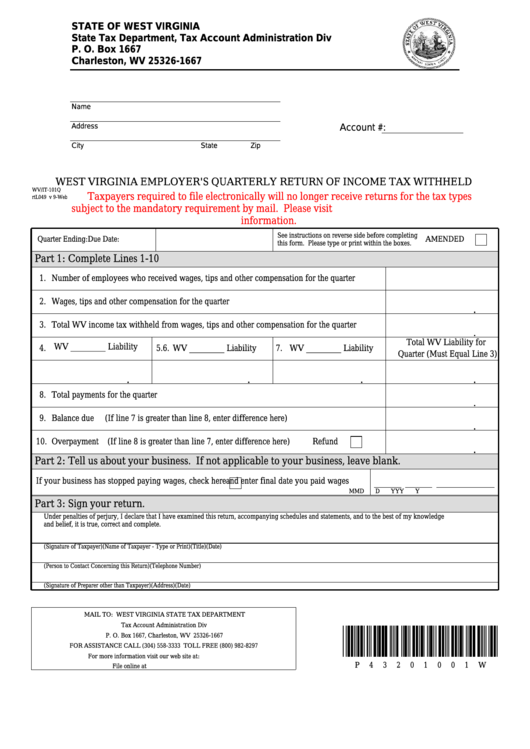 Form Wv it 101q West Virginia Employer 39 S Quarterly Return Of Income 