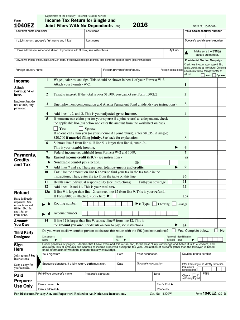 Forms 1040ez 2016 Fill Out Sign Online DocHub