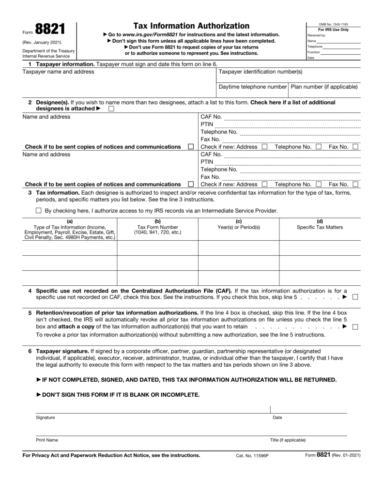 Free IRS Form 8821 Tax Information Authorization Printable PDF