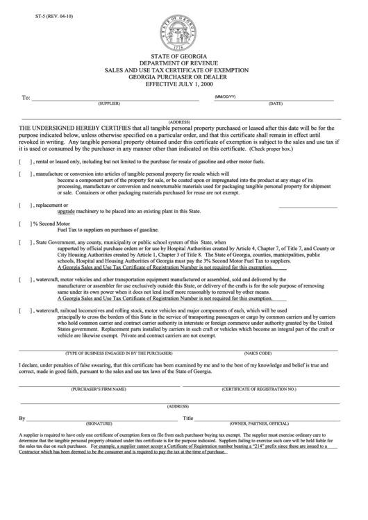 Ga Tax Exemption Form Educational Printable Activities