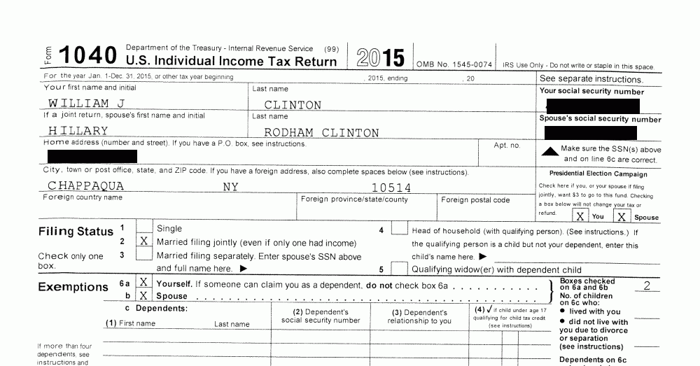 Hillary And Bill Clinton s 1040 Form From Their 2015 Income Tax Return 