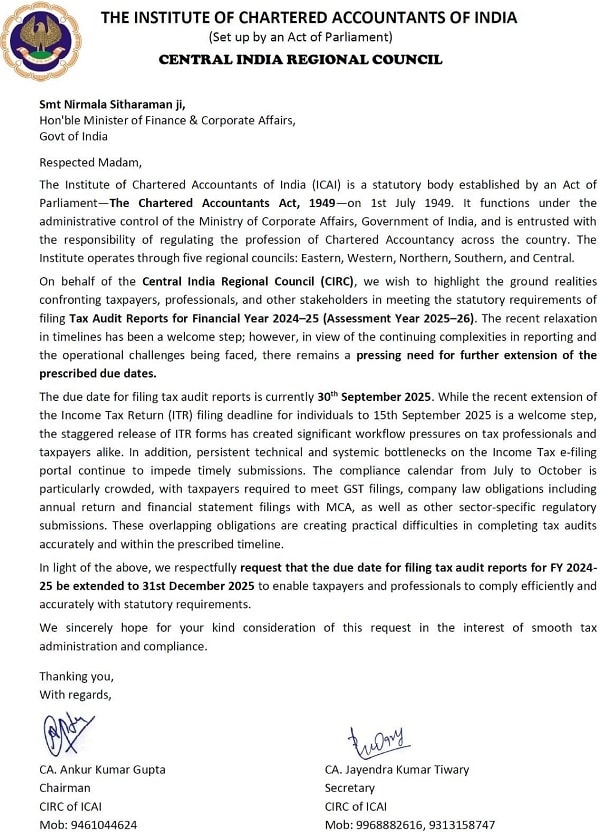 ICAI CIRC Seeks Tax Audit Due Date Extension To 31st December 2025