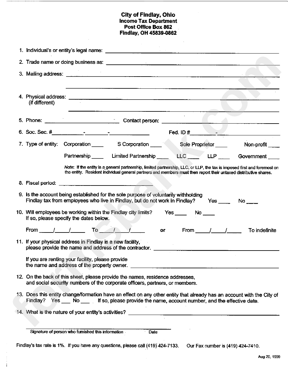 Income Tax Form City Of Findlay Ohio 1999 Printable Pdf Download
