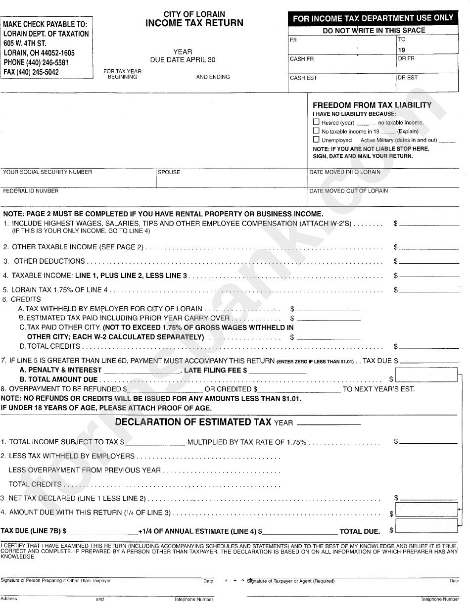 Income Tax Return City Of Lorain Printable Pdf Download