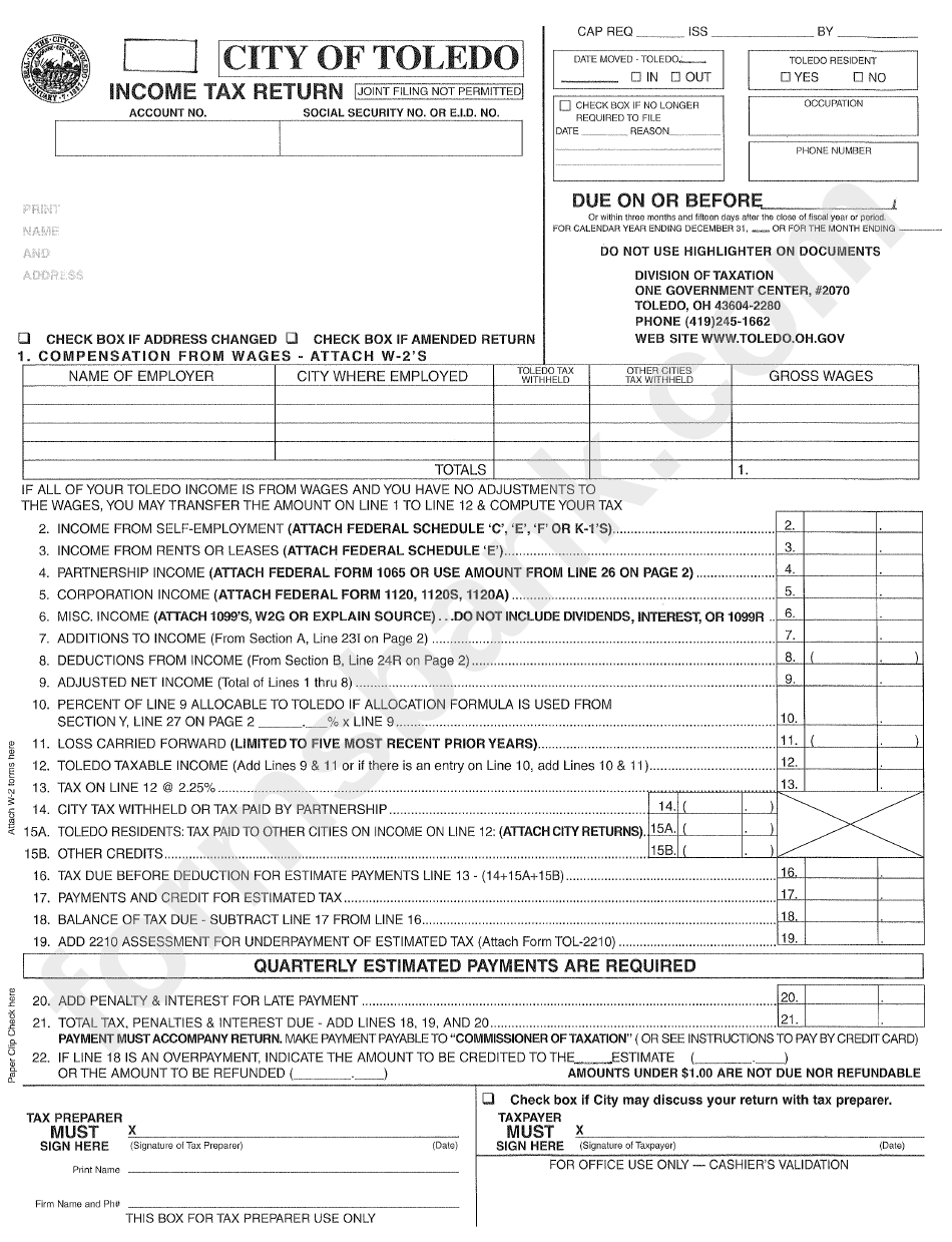 Income Tax Return City Of Toledo Division Of Taxation Printable Pdf 