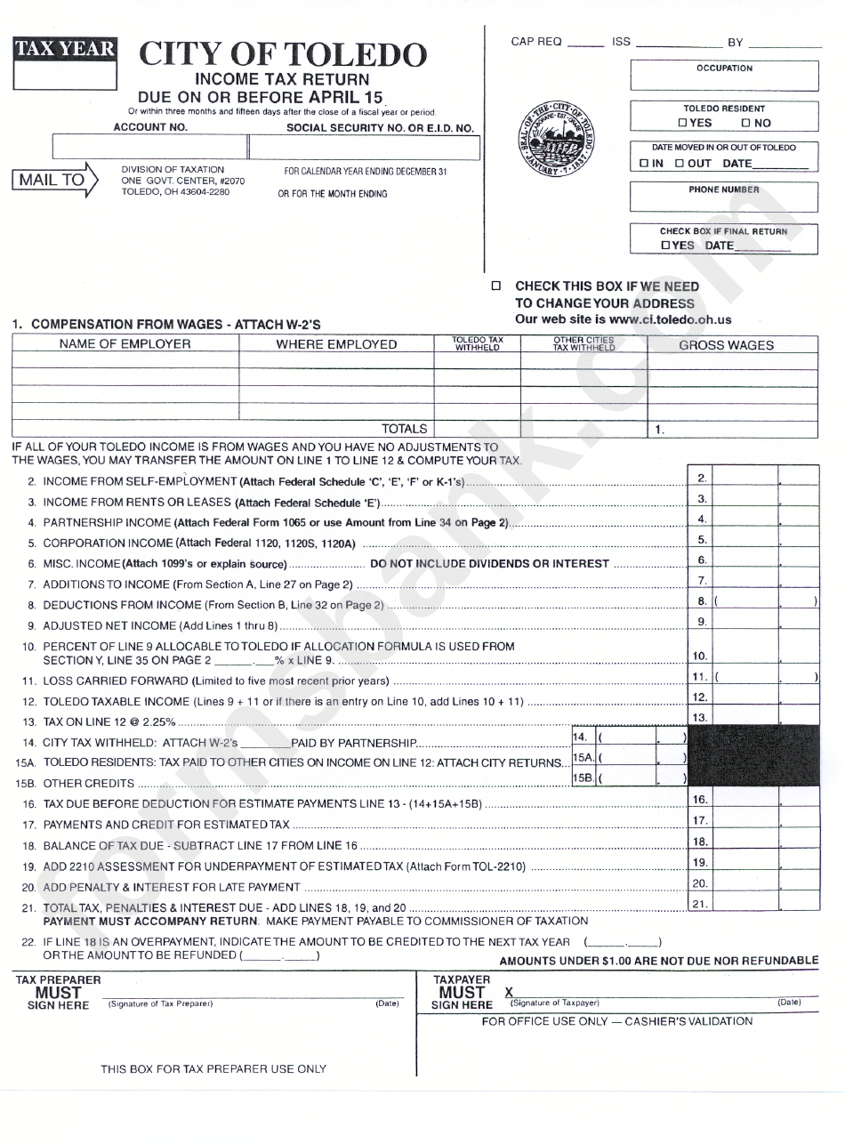 Income Tax Return City Of Toledo Printable Pdf Download