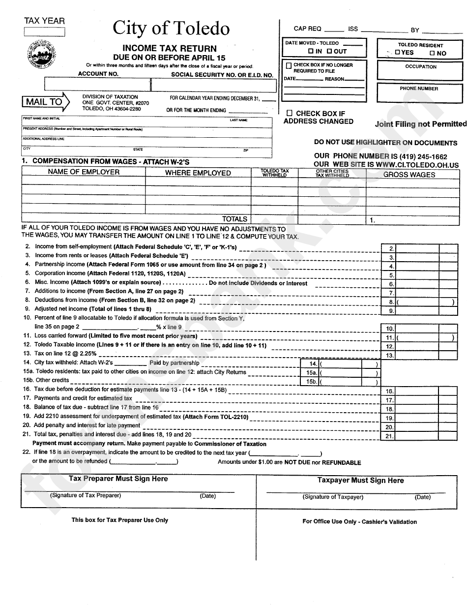 Income Tax Return City Of Toledo Printable Pdf Download