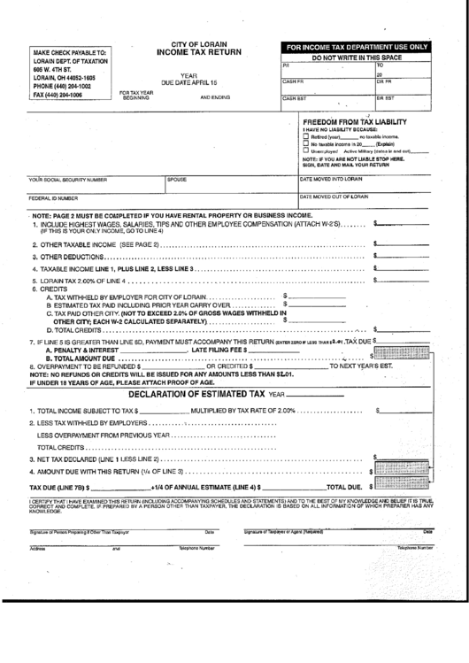 Income Tax Return Form City Of Lorain Printable Pdf Download