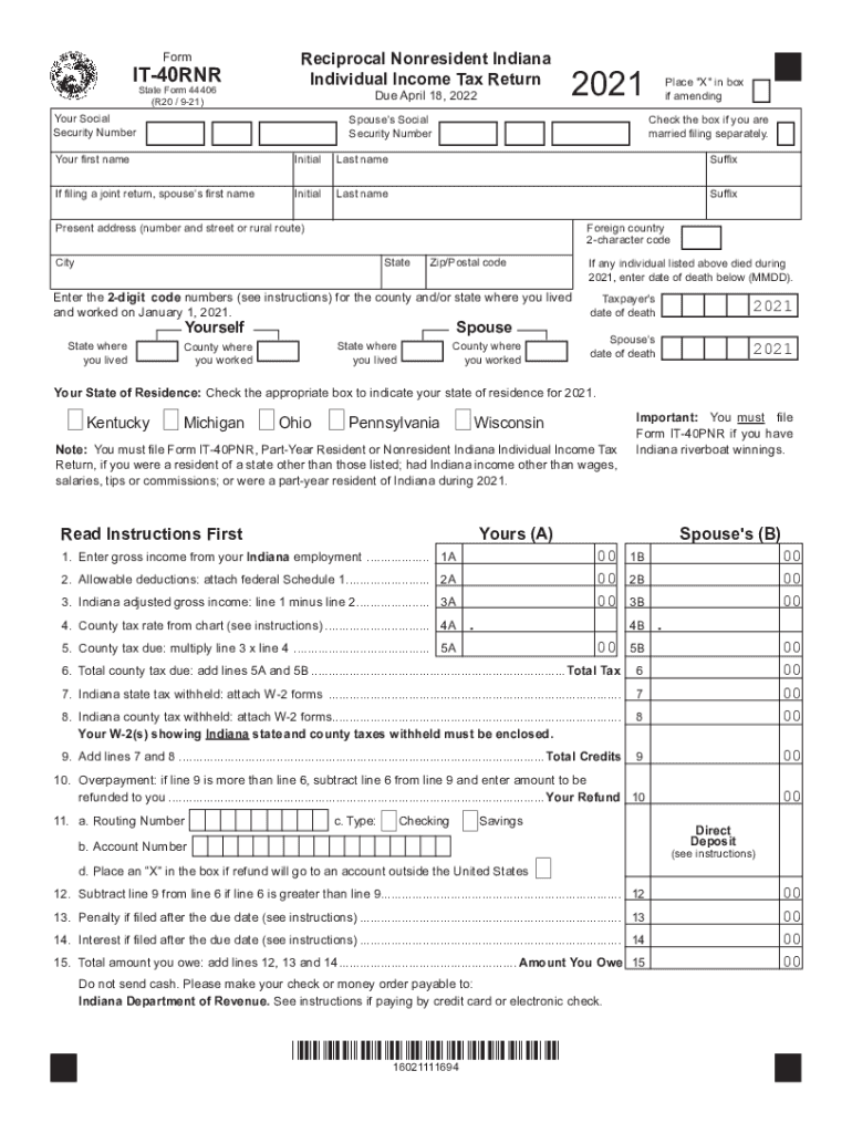 Indiana It 40rnr 2021 2025 Form Fill Out And Sign Printable PDF
