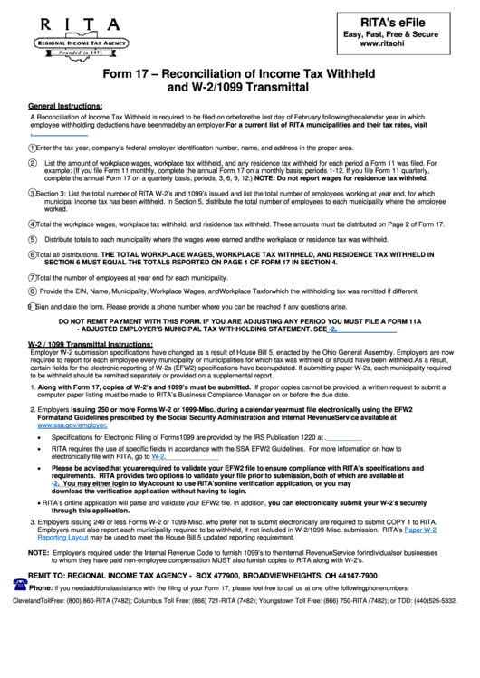 Instructions For Form 17 Reconciliation Of Income Tax Withheld And W 