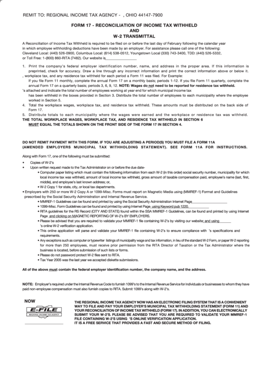 Instructions For Form 17 Reconciliation Of Income Tax Withheld W 2 