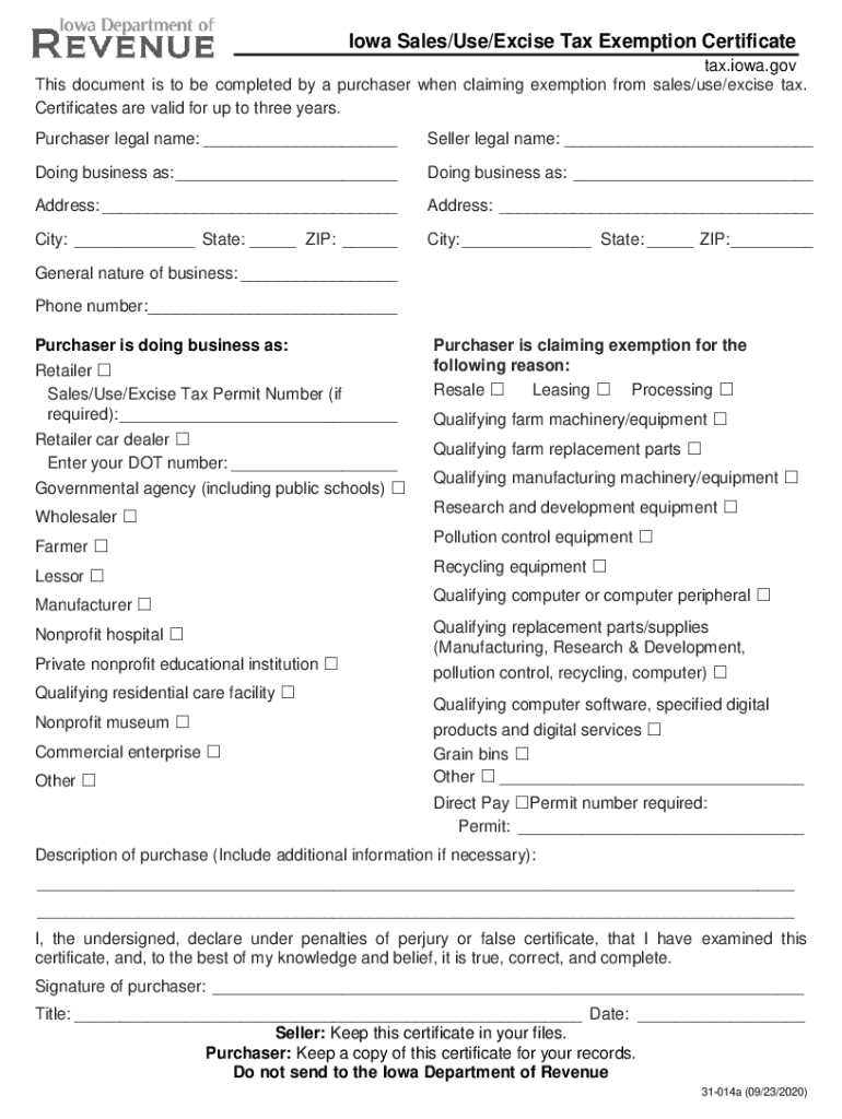 Iowa Sales Tax Exemption Certificate 2020 2025 Form Fill Out And Sign 