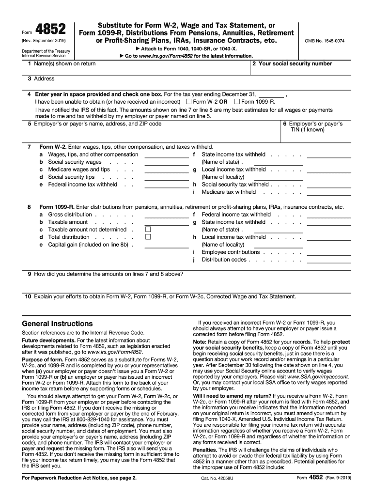 IRS 4852 2019 Fill Out Tax Template Online US Legal Forms