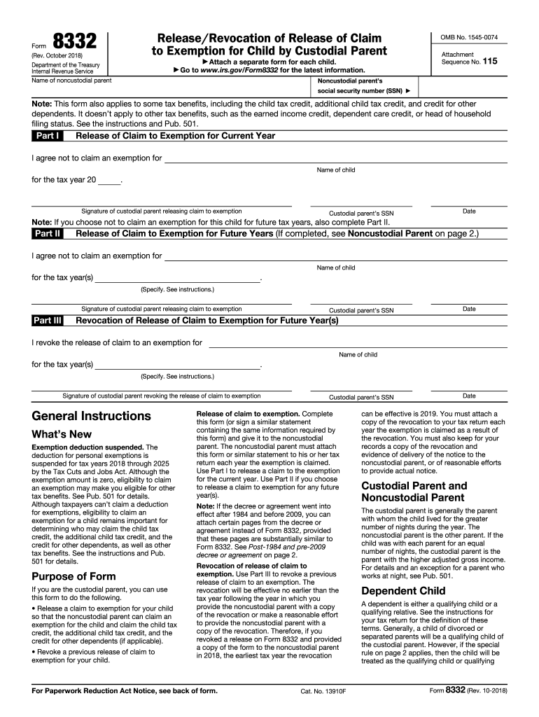 IRS 8332 2018 2022 Fill And Sign Printable Template Online US Legal 