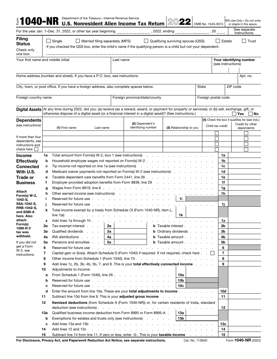 IRS Form 1040 NR Download Fillable PDF Or Fill Online U S Nonresident