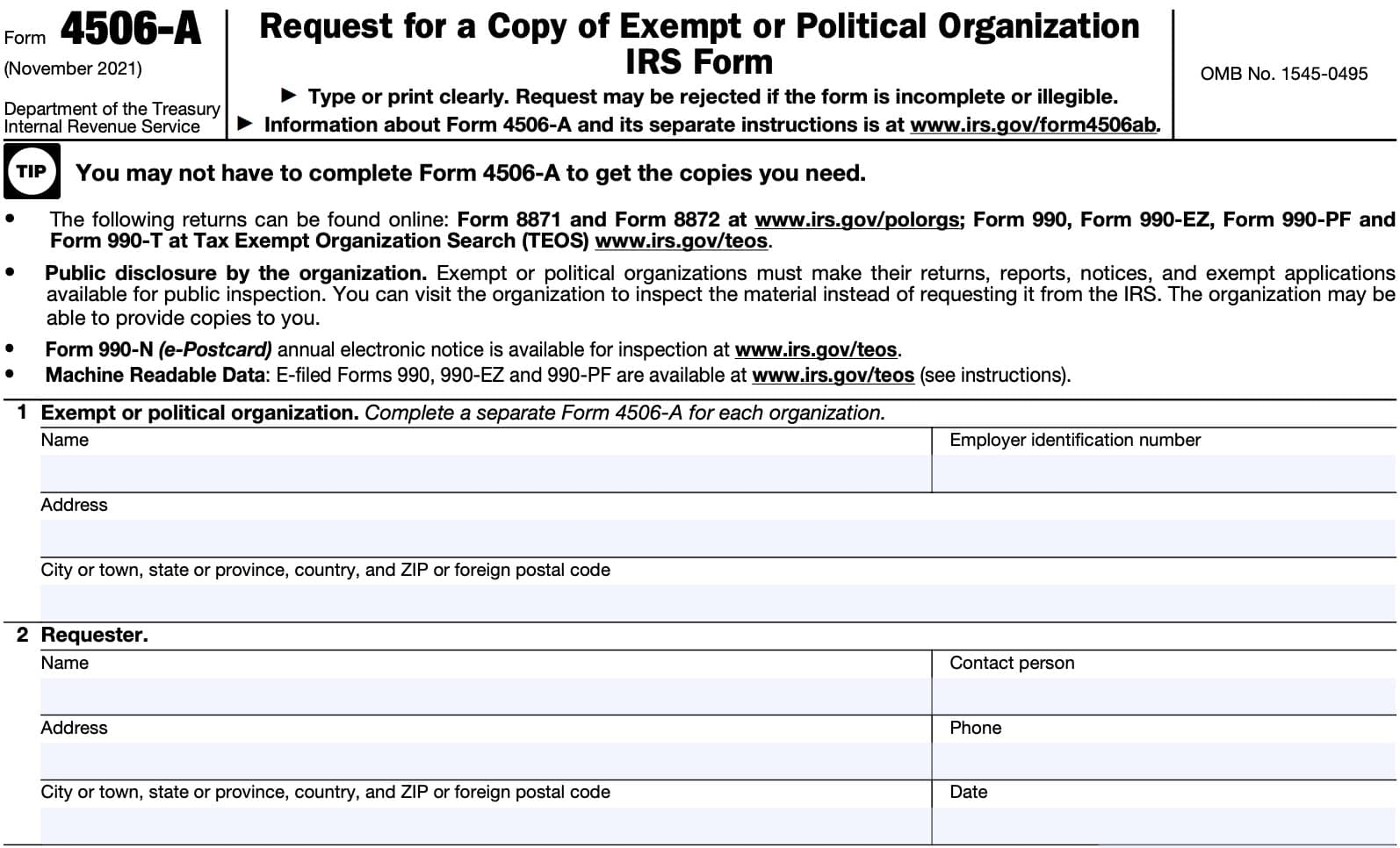 IRS Form 4506 A Instructions Exempt Organization Tax Records