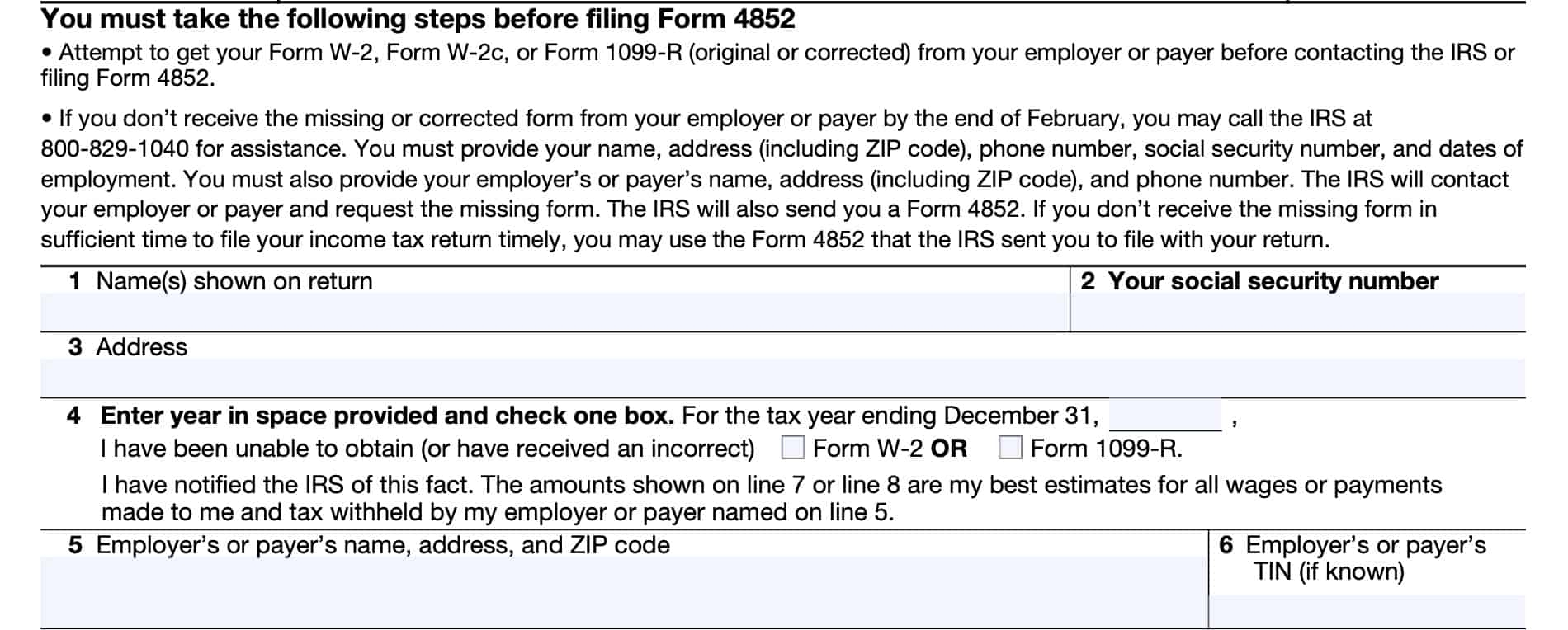 IRS Form 4852 Instructions Substitute Forms