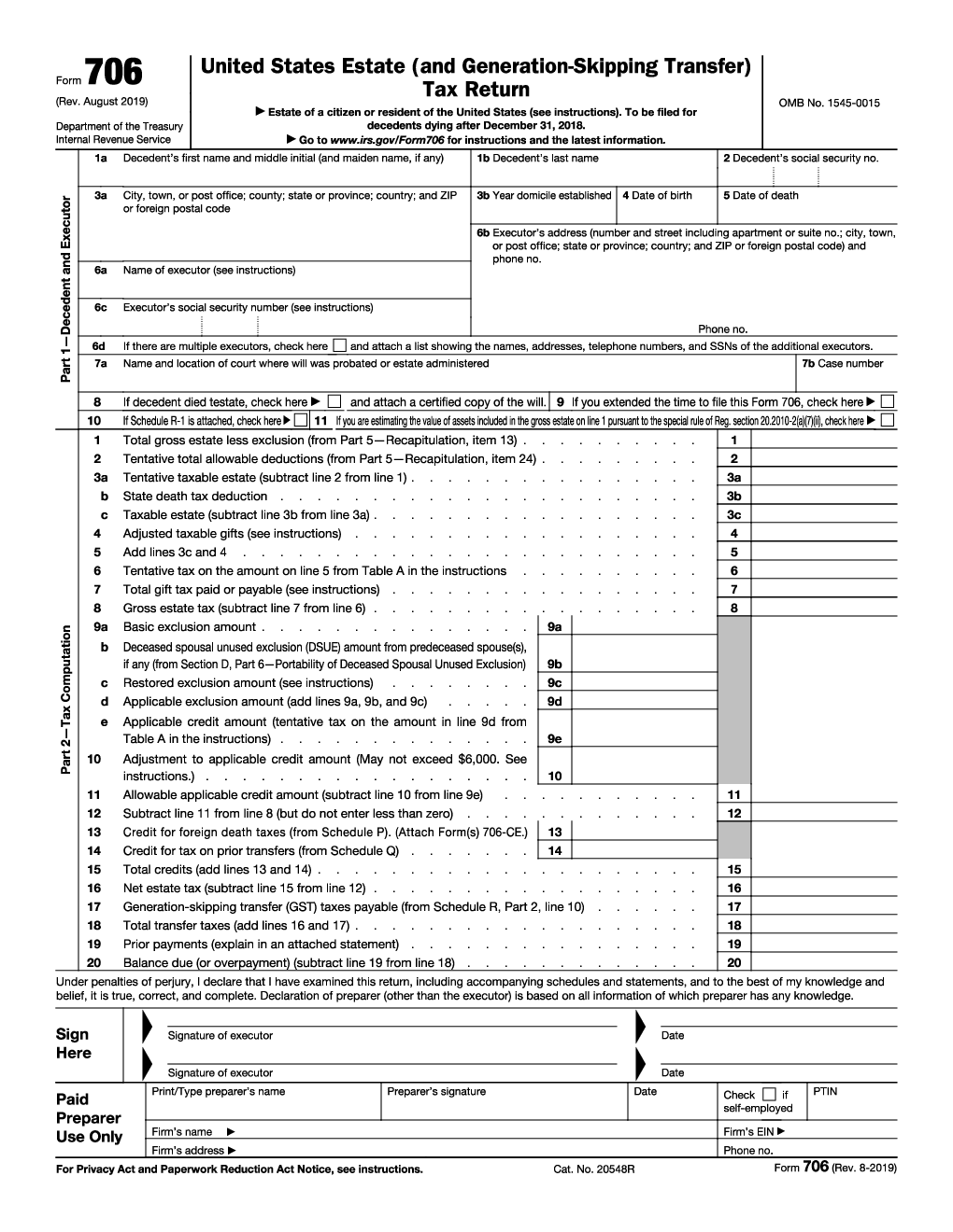 IRS Form 706 United States Estate and Generation Skipping Transfer 