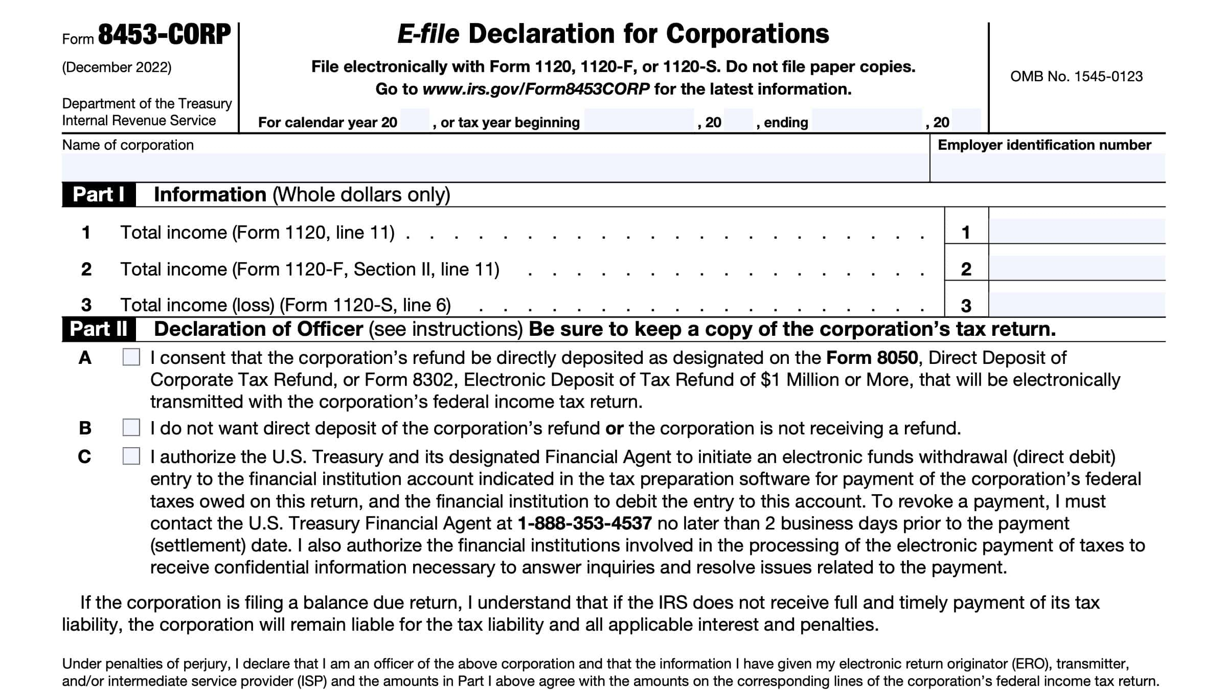 IRS Form 8453 CORP Instructions E File For A Corporation