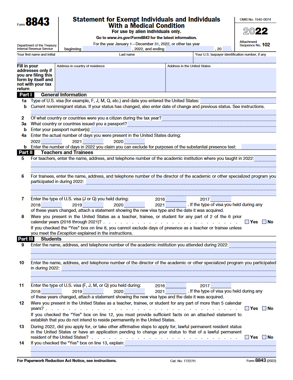 IRS Form 8843 Statement For Exempt Individuals And Individuals With A
