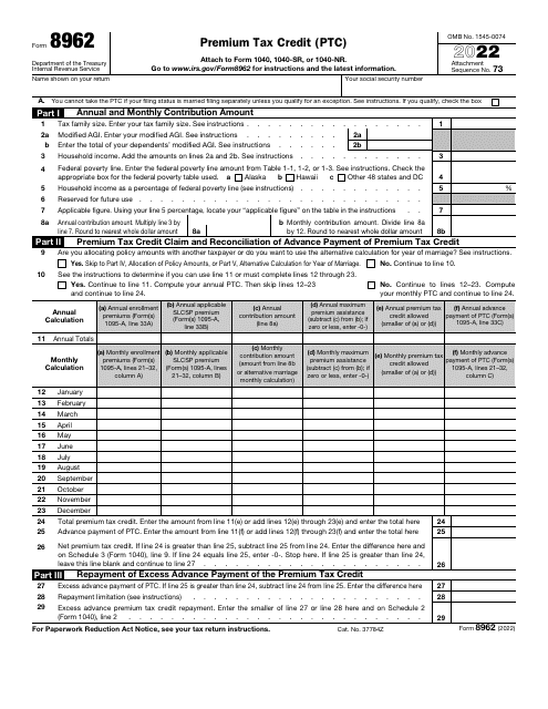 IRS Form 8962 Download Fillable PDF Or Fill Online Premium Tax Credit 