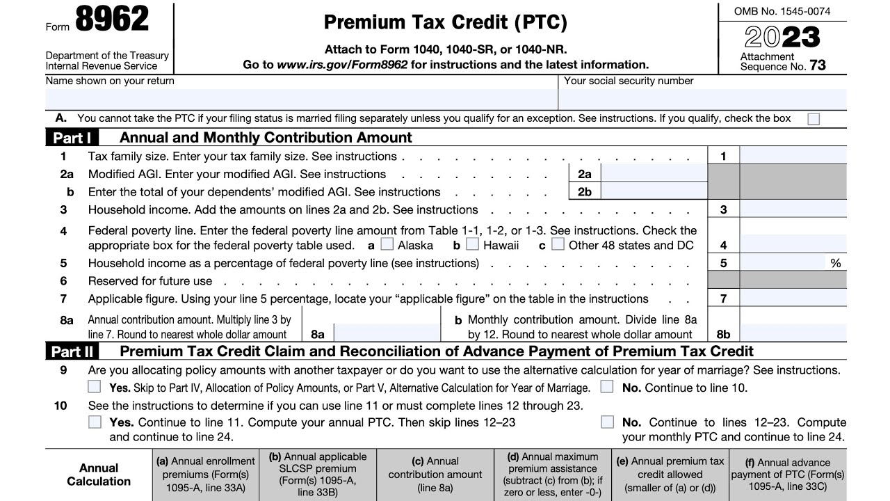 IRS Form 8962 Walkthrough Premium Tax Credit YouTube