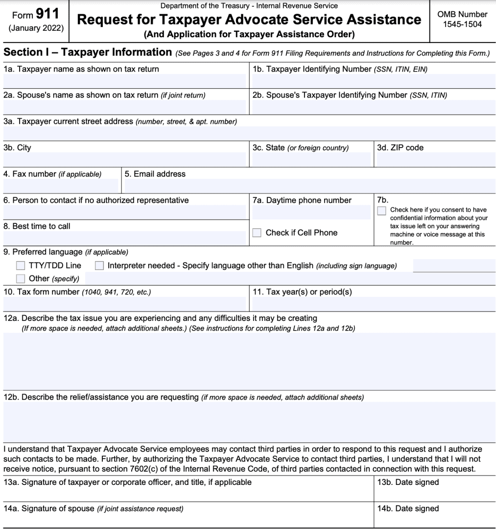 IRS Form 911 Instructions Taxpayer Advocate Service Assistance